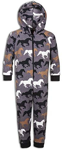 Camille Childrens Super Soft Fleece Onesie - Hooded All In One - Long Sleeved and Full Length with Elasticated Cuffs and Ankles Grey Horse Print 12-14 Years
