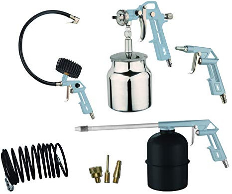 ABAC Kit Accessori per Compressore 8 Pezzi G-810AL-BL, Inclusi Gonfiagomme con Manometro, Pistola di Soffiaggio, Pistola a Spruzzo per Vernice 850ml, Pistola di Lavaggio 900ml, Tubo a Spirale 5 m