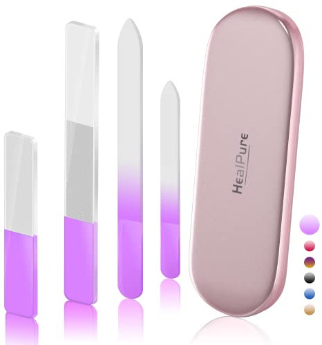 Glass Nail File and Shiner – 4PC Double Sided Etched Crystal Nail Buffer Files and Nano Nail Polishers, Professional Salon Manicure Tools Kit for Acrylic and Natural Nail (Purple)