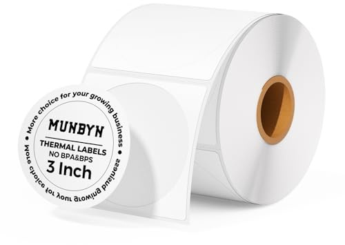MUNBYN 3 Inch White Circle Thermal Sticker Labels, Multi-Purpose Self-Adhesive Round Thermal Stickers for Business, Inventory Labels, 500 Sheets/1 Roll