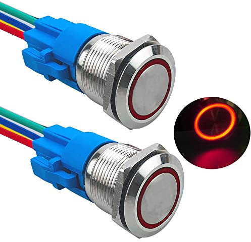 Aiqeer 2 Pièces 19 mm Commutateur Bouton-Poussoir Momentané, 12V / 24V 5A Interrupteur à Bouton-Poussoir en Acier Inoxydable Étanche IP67, avec Prise Pré-Câblée (LED Rouge)