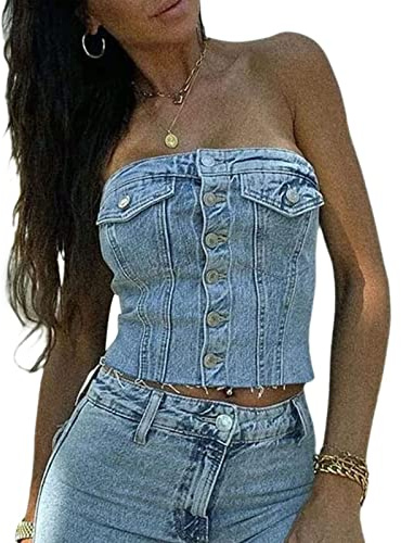 FeMereina Women's Button Down Denim Bustier Crop Top Strapless Jeans Corset Top Backles Push Up Corset Tank Tops Vintage Harajuku Streetwear (B, M)
