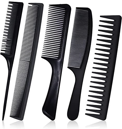 Set di 5 Pettini per Capelli - Denti Larghi, Sottili, Coda Antistatica, Districante per Uomo e Donna - Casa, Salone, Parrucchiere (Nero)