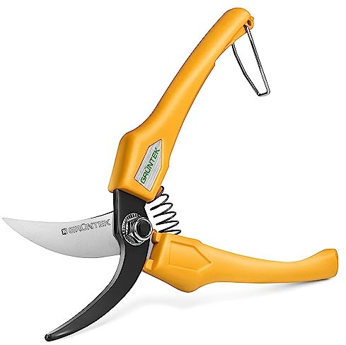 GRÜNTEK Sécateur de Jardin Ciseaux à Fleurs Vigne et Bonsai léger et compact. Lame Franche de 45 mm très affutées. Poignées en fibre de verre.