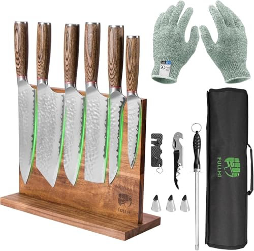FULLHI Juego de 13 Cuchillos de Carnicero, Juego de Cuchillos de Cocina de Acero Inoxidable con Bolsa y Bloque Magnético