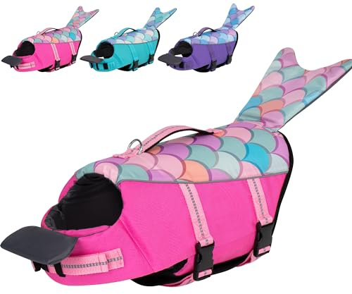 cyeollo Dog Life Jacket Reflective Mermaid Dog Life Vest for Swimming Boating, High Buoyancy Pet Life Preserver Lightweight Small Medium Large Doggie Lifejackets with Front Float, Pink XS