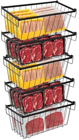 Fesatccoz Lot de 5 paniers de rangement empilables pour congélateur - 37 x 18 x 15 cm - Avec poignées - Accès facile aux aliments au fond