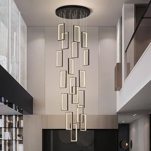 18 Lights Spiral Staircase LED Chandelier with Remote control,Dimmable Long Chandelier for Villa,Arch,High Ceiling Foyer,300cm Adjustable Height,Large Stair Ceiling Light(18 lights, Rectan)