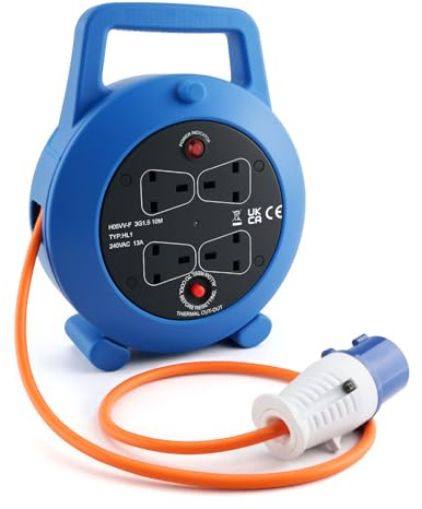 Outdoor Extension Lead 10M - Retractable Extension Lead Reel 4 Sockets, Camping Electric Hook Up Cable 16A, Waterproof and Portable Power Cord, Heavy Duty Mains Extension Cable for Caravans Garden