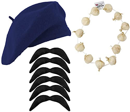 Baskenmütze & Zwiebeln + 6 Fashes Girlande Französisch Bistille Day Fancy Dress Set Herren & Damen (Schwarze Baskenmütze & Zwiebelgirlande) (Blau)
