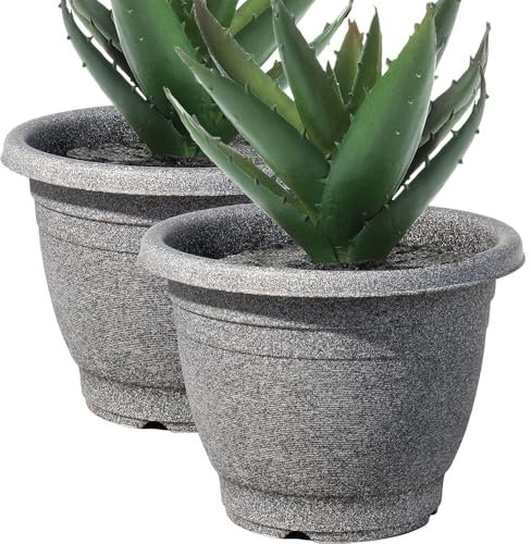VR7 2 x Large Planter Round Plastic Garden Flower Plant Herb Pot Contemporary Design Style - Indoor and Outdoor (Black (Graphite), Pack of 2) (26cm)