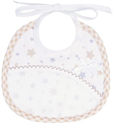 Filet - Lätzchen für Neugeborene aus Baumwoll-Piqué mit mehrfarbigem Sternendruck | Tasche aus Aida-Stoff zum Besticken | Maße: 18 x 18 cm | Made in Italy, Taupe