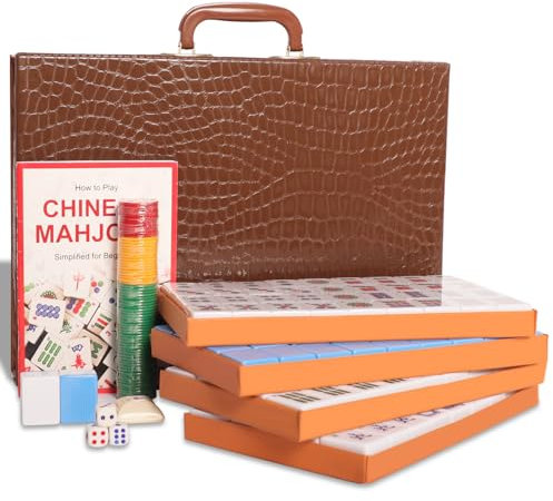 GUSTARIA Chinese Mahjong Set, Mahjong Game Set with 146 Numbered Large Tiles (1.5, Blue), Mahjong Tiles Set with Brown Carrying Case