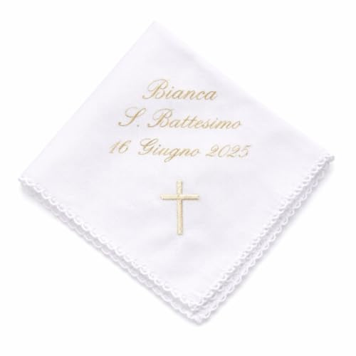 Coccole - Fazzoletto Battesimo Bimbo a Tema Croce Panna - Fazzoletto Battesimo Personalizzato con Nome e Data per Cerimonia 100% Made in Italy - Tessuto Piquet