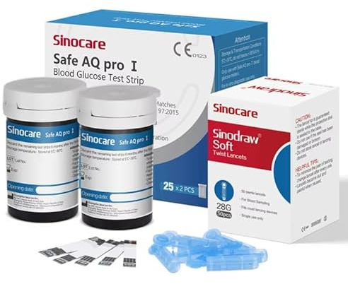 Sinocare strisce glicemia Solo per Glucometro Safe AQ Pro I, Strisce Reattive per la Misurazione della Glicemia Elettrodo d'argento di Precisione Aggiornato, 50 Pcs con 50 Lancettes