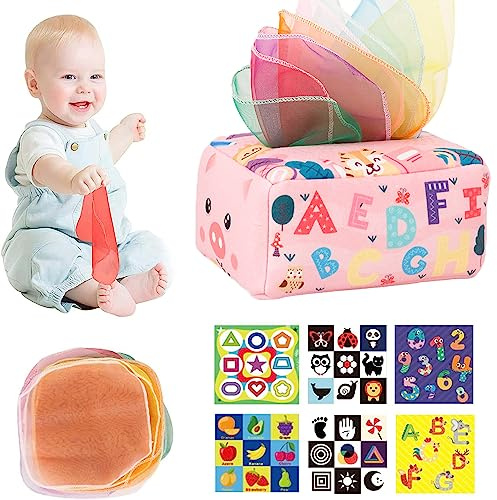 Afufu Bébé Jouet Boîte à Mouchoirs, Jeux Sensoriels Livre Montessori Interactive pour Bébés de 0-6-9-12 Mois, Boîtes de Tissu en Peluche Jeu Éducatifs Précoces Cadeau pour Bebe Garçon et Fille