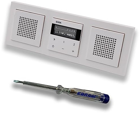 Gira Unterputz IP Internetradio 232003 + Bluetooth Komplett-Set mit 2 x Lautsprecher - E2 reinweiß glänzend mit 3fach Rahmen Gira 021329 inkl. EBROM Phasenprüfer zur Montage der Geräte