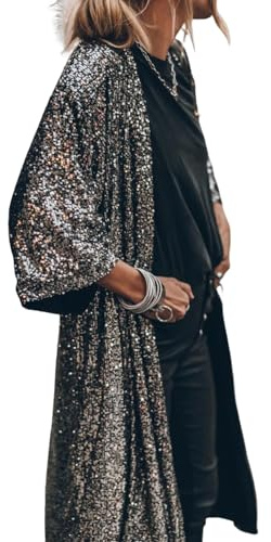 ulafbwur - Abrigo de mujer con mangas, abertura en el dobladillo, ajuste holgado, cardigan, cárdigan de mujer, lentejuelas brillantes, media longitud, capa, chaqueta de calle, negro/plateado, XL