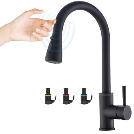 Homesbrand Black Brushed Stainless Steel Kitchen Sink Tap with LED Display, Touch Control, 360° Swivel, Pull-Out Spray, 3 Spray Modes, Temperature Adjustment Faucet (Black+LED+Touch Control)