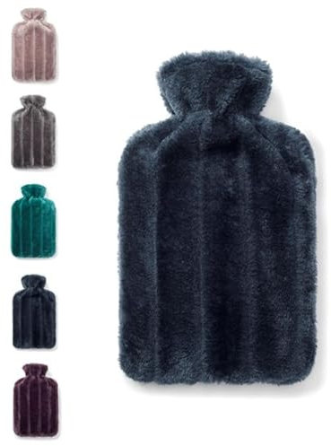 Brevian® 2 Litre Large Hot Water Bottle with Soft Luxury Faux Fur Cover UK (Midnight Blue, Regular)