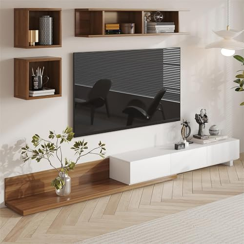 Homary Meuble TV Bois Extensible 200-360 cm Longueur avec 3 Tiroirs Silencieux, Meuble TV Blanc Moderne avec Rangement, Centralisé pour Salon Appartement Petit Espace, Installation à Gauche/Droite