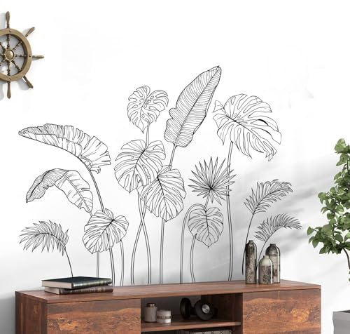 Supzone Stickers Muraux Plantes Tropicales Noir et Blanc - Décoration Murale Élégante Autocollant Mural Feuilles Exotiques pour Salon Chambre Bureau ou Salle à Manger