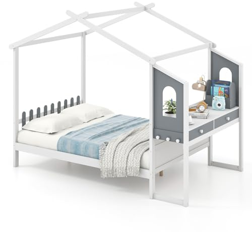 COSTWAY Kids House Bed Frame, Solid Wood Floor Beds with Study Desk, Storage Drawers and Hanging Hooks, House-Shaped Toddler Bed for Boys Girls, No Box Spring Needed (Double)