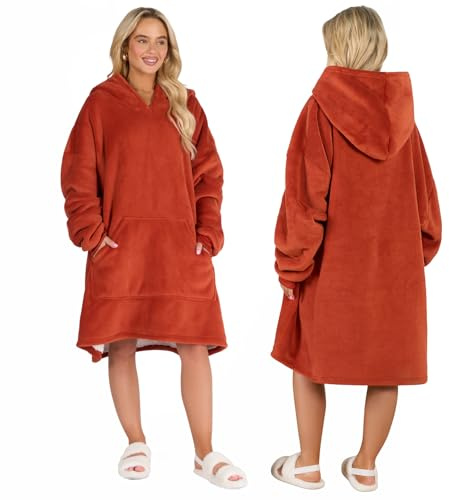 Sienna Blanket Hoodie, Mothers Day Gifts Super Soft Sherpa Fleece Warm Cosy Oversized Hoodie Women Wearable Blanket Hooded Snoodie Sweatshirt Throw for Adult Teens Men Big Pocket, Rust Orange