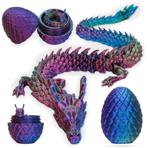3D Articulating Gemstone Crystal Dragon Egg Figurine - Removable Mystery Easter Toy, Home Office Decor, Executive Desk Toy (Laser Purple, Blue and Yellow)