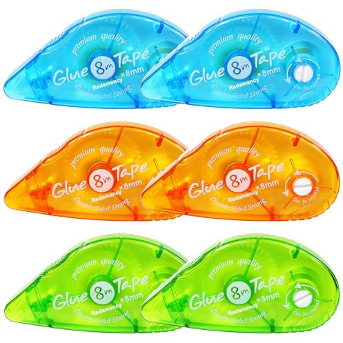Redamancy 6 Pcs Glue Roller, 8m x 8mm Double Sided Tape Dispenser, Transparent Glue Tape Roller for School, Home Office, Crafting, Cards, Journal, Scrapbook Accessories