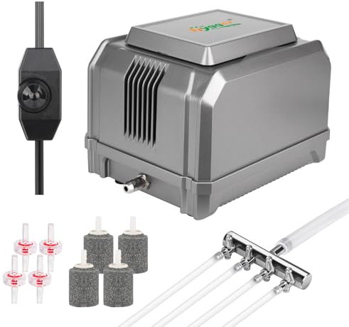 hygger Pompe à Air Aquarium, 1325 LPH Réglable Aérateur Aquarium, 15W Powerful 4 Outlets Fish Tank Air Pump Up to 3800 litres avec Tuyau Air, Valve de Régulation Et Valve Anti Retour