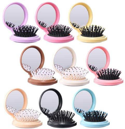 9 Pack Mini Hair Brush Foldable Travel Hair Brushes with Mirror Round Portable Folding Pocket Hair Brush Mini Comb Compact Travel Size Massage Comb for Men Women