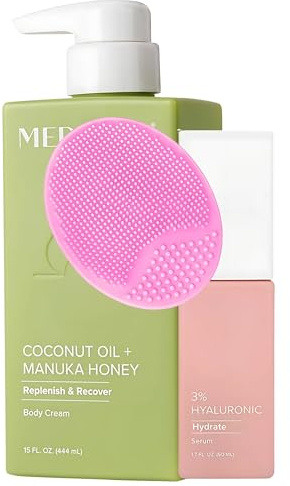 MED Coconut Oil & Manuka Honey Body Cream (444ml) + Hyaluronic Acid Serum (50ml) – Deeply Hydrating Body Lotion Set for Dry Skin – Moisturizing Skincare with Facial Cleansing Brush + Prosperina Card