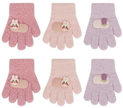 QKURT 3 Pairs Toddler Warm Knitted Gloves, Kids Soft Thermal Magic Gloves Elastic Full Finger Baby Boys Girls Mittens Children Winter Thicken Lined Fleece Mittens for Daily Warmth, Age 1-3