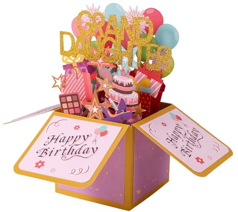 Sinbana Tarjeta de Cumpleaños Desplegable para Nieta, Divertida Tarjetas Feliz Cumpleaños 3D Globos y Fuegos Artificiales Tarjetas Emergentes con Sobre para Decoración Fiestas Mujer Regalos Creativos