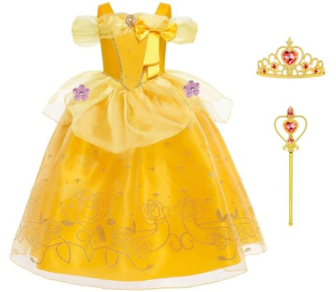 BSBUY Disfraz Princesa Bella Niña, 3pcs Vestido Bella y Bestia Niña Clásico Con Gran Arco y Accesorios para Fiesta Cosplay Cumpleaños Navidad, 130cm