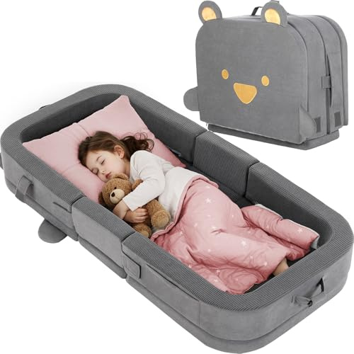 MAMIZO Lit de Voyage Pliable Portable pour Enfants, lit Enfant pour Tout-Petits, lit Pliable de Sol avec Poches, éponge Souple, Couvre-lit Amovible, pour Salons, Camping, Maison de Grand-mère