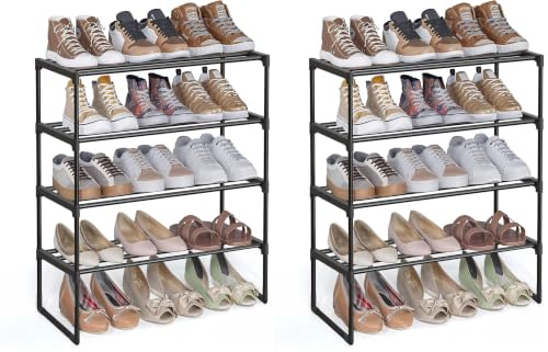 SONGMICS 4-Tier Shoe Rack, Shoe Storage Organiser, Metal Storage Rack, Upright or Upside Down, Fits 10 to 15 Pairs, Stackable, for Hallway, 30 x 68 x 75 cm, Black LSA204B01 (Pack of 2)
