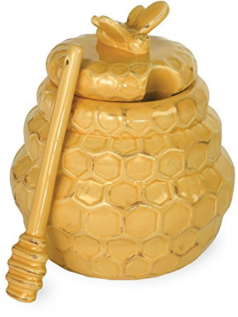 Boston International Embossed Stoneware Honey Pot Jar and Dipper, 2-Piece Set, Honeycomb