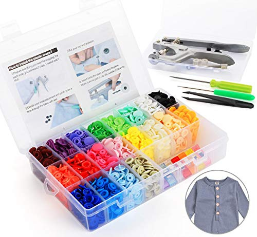 Bottoni a pressione in plastica T5 12 mm, 20 colori + kit di pinze in metallo con 2 scatole (10 pinze incluse)