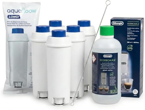 Aquafloow 5x Filtro Acqua compatibile con DeLonghi DLSC002 & Decalcificante EcoDecalk (500ml) – Set Manutenzione per Macchine da Caffè Magnifica S, Evo, Dinamica – Con Spazzola