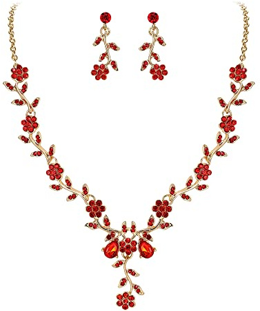 Clearine Parures Bijoux de Mariage Feuille et Fleur en Cristal Pendentif et Boucles d'oreilles pour Mariée Rouge Ton d'or