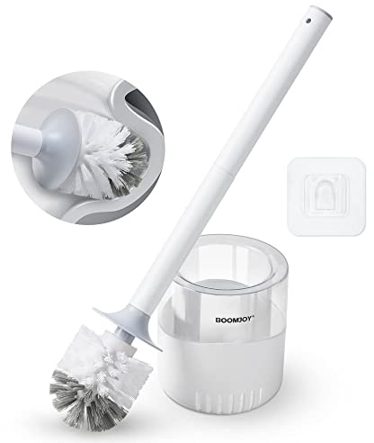 BOOMJOY Toilet Bowl Brush and Holder - Durable Head Toilet Cleaner Brush with Dense Bristles & Clear Base for Bathroom Deep Cleaning - Household Cleaning Accessories - White