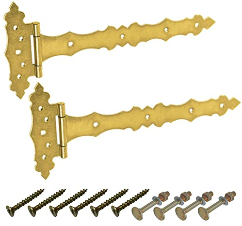 BRESKO Kreuzgehänge dekorativ Ladenband Scharnier T Bänder Torband Türbänder verzinkt 2er Set mit Schrauben (Gelb, 300x50x170 mm)