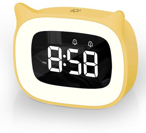 Aoreun Sveglia Bambini da Comodino, Sveglia Digitale con Led Numeri Grandi, Carina Gatti, Luce Notturna Funzione Snooze Timer 18 suonerie 5 modalità comodino per Bambin Porta di Ricarica USB (Giallo)