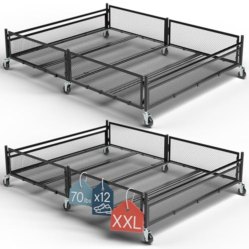 Under Bed Storage with Wheels – Heavy Duty Large Metal Storage Container (70lb load), Low Profile Rolling Organizer with Removable Rubber Wheels, Easy Access for Clothes, Shoes & Blankets (pack of 2)