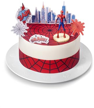 Kardasis Spider-Man dessus de gâteau avec Figurines | Topper comestible pour gâteaux | Décoration de gâteau pour l'anniversaire | 20cm + 4 rubans 28x4cm + 5 figurines + 1 figurine 3D