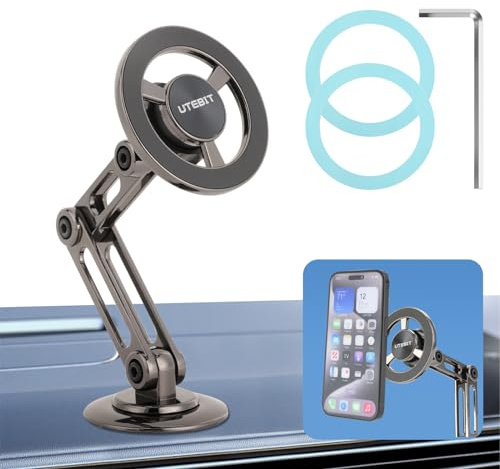 UTEBIT Universal 360° Pro Magnetic Car Phone Holder, Alloy Folding Magnetic Cell Phone Holder for Car, Strong Suction & Adjustable Phone Mount, Support for iPhone and Android All Mobile Phones, Black