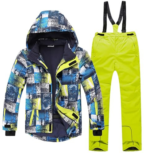 Amur Leopard Tuta da Sci Ragazzi e Ragazze Tuta de Neve 2 Pezzi Giacca + Pantaloni Tute de Neve Invernale Antivento Impermeabile, Cappotto Blu + Pantaloni Giallo, 122-128/6-7 Anni