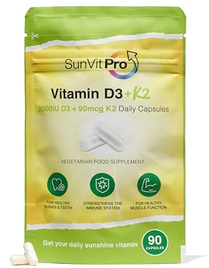 Sunvit-Pro Vitamin D 2000iu and Vitamin K2 MK7 90mcg Capsules - Vitamin D3 k2 High Strength Vegetarian and UK Manufactured - Support the Maintenance of Bone, Teeth, Muscle & Immune System, 90 Capsules